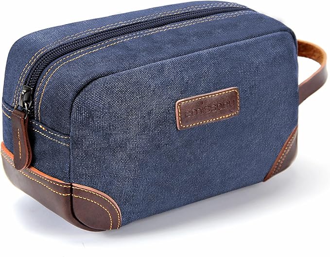 emissary Men's Toiletry Bag, Leather and Canvas Travel Toiletry Bag, Dopp Kit for Men, Travel Bathroom Bag Men's Shaving Kit, Travel Kit Small Bags for Men, Shaving Bag for Travel Accessories (Blue)