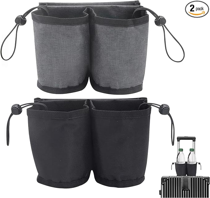 2PCS Travel Luggage Cup Holder Sleeve – Luggage Handle Organizer with Bottle Holder, Drink Carrier Hold Two Mugs, Travel Suitcase Handle Bag for Carry-On, Cup Cover