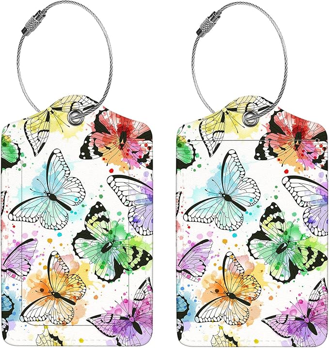 2 Pcs Luggage Tags for Suitcase, Cute Unique PU Leather Travel Bag Tag with Privacy Cover ID Label Address Card and Durable Metal Ring Suitable for Men Women Children Backpack,Colored Butterfly A