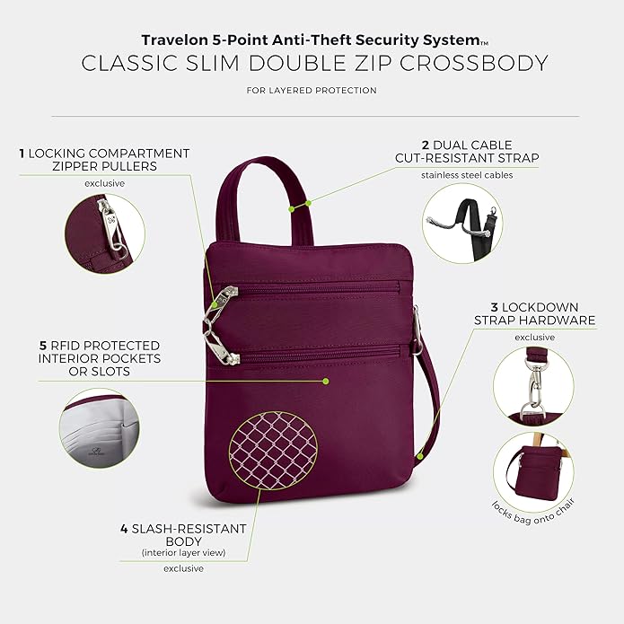 Travelon Anti-theft Classic Slim Double Zip Crossbody