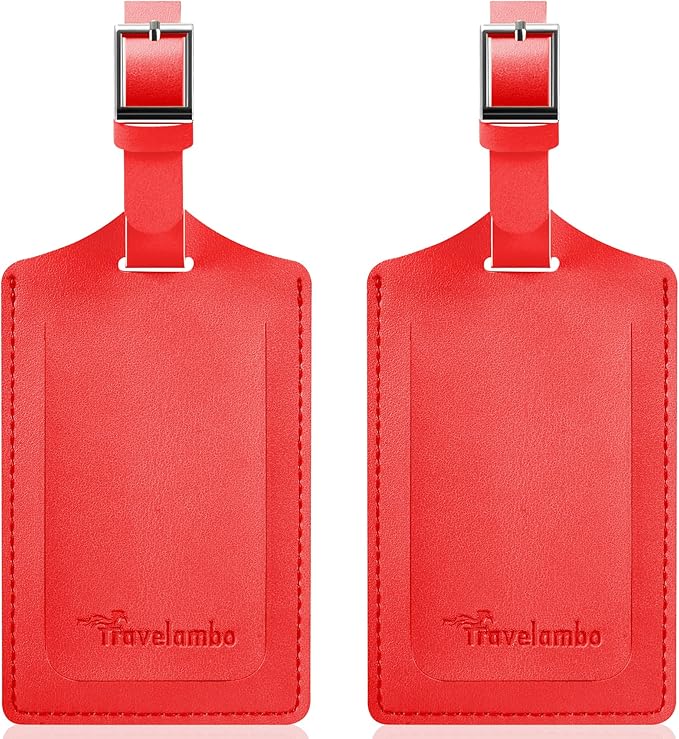 Travelambo Luggage Tags for Suitcases Faux Leather Privacy Protection 2 Pack Bag Tags Travel Accessories Essential, Classic Red