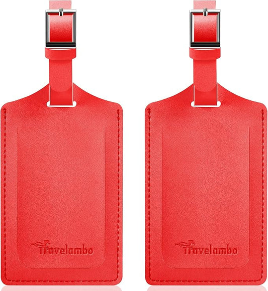 Travelambo Luggage Tags for Suitcases Faux Leather Privacy Protection 2 Pack Bag Tags Travel Accessories Essential, Classic Red