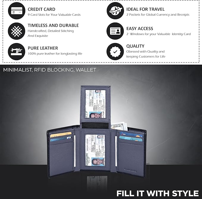 Real Leather Mens Trifold Wallet RFID Blocking Slim Minimalist Front Pocket - Thin & Stylish with ID Window in Gift Box