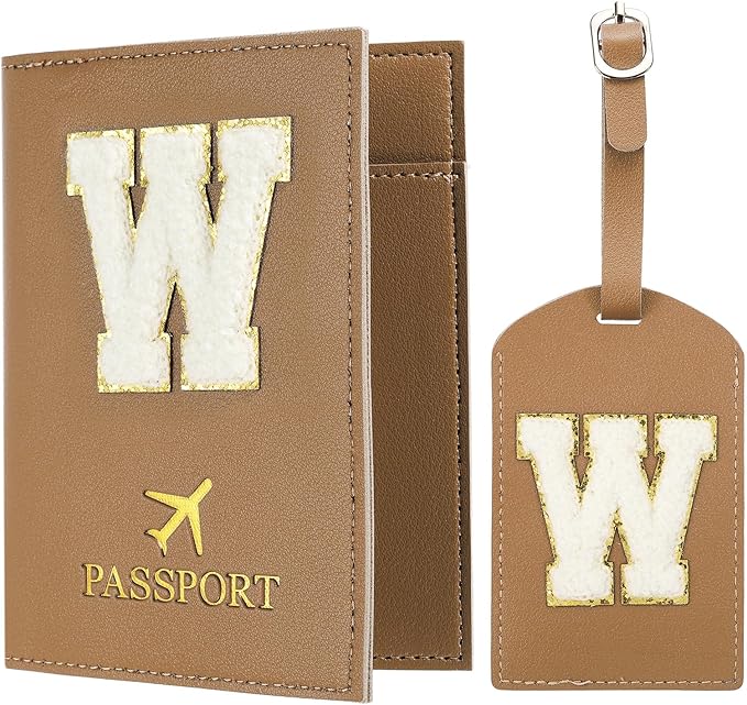 PATIKIL Passport Holder for Travel, Initial Passport Cover and Luggage Tag Set with Alphabet Chenille Letter Patch Travel Wallet Bag Suitcase Identifier for Women Family Travel Brown W