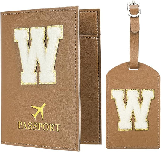 PATIKIL Passport Holder for Travel, Initial Passport Cover and Luggage Tag Set with Alphabet Chenille Letter Patch Travel Wallet Bag Suitcase Identifier for Women Family Travel Brown W