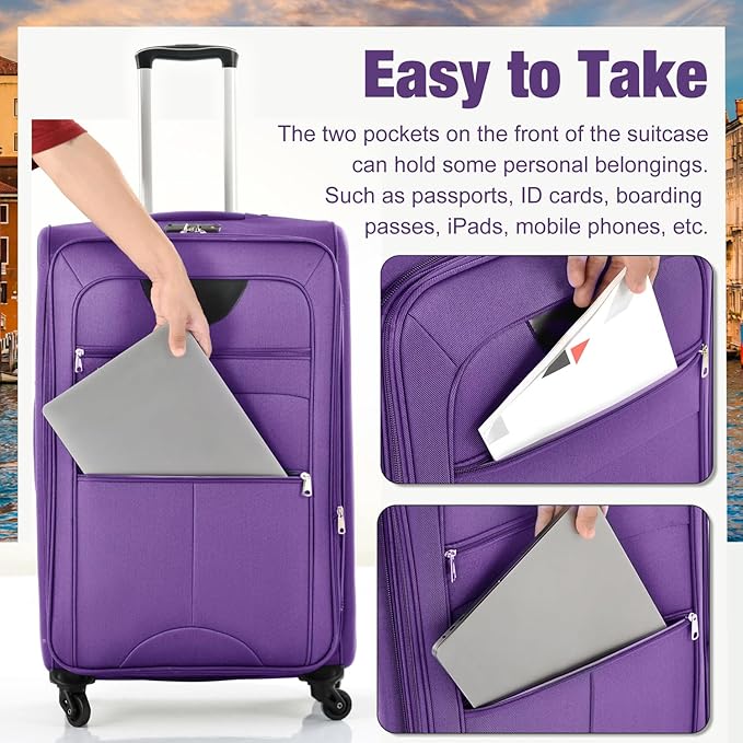 Luggage Sets Softside Expandable 3 Piece Set Lightweight Suitcase with Duffel Bag Upright Spinner Softshell, TSA Lock Carry On for Business for Family Travel (Purple, 22"/26"/30")