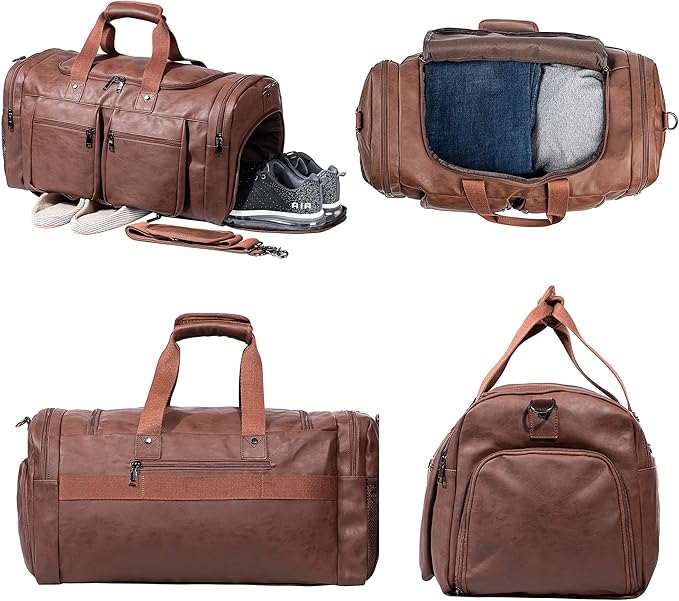 Leather Travel Bag with Shoe Pouch,Weekender Overnight Bag Waterproof Leather Large Carry On Bag Travel Tote Duffel Bag for Men or Women-Brown