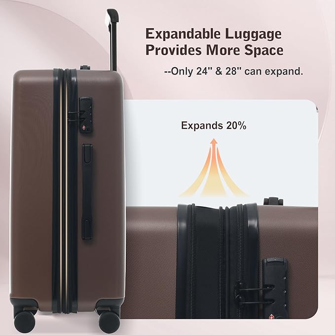 Merax Luggage Sets 5 Piece Front Open, Hardside 20" Carry On Suitcase Set with USB Port,Lightweight Expandable Travel 24" 28" Luggage with Bags TSA Locks Double Spinner Wheels,Brown