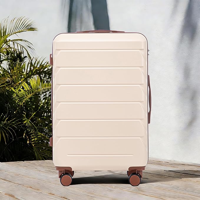 28 Inch Checked-Large Luggage, Lightweight ABS Hard Shell Suitcase with Spinner Wheels, Expandable Travel Luggage with Combination Lock & Side Hooks for Men Women (Beige, 28)