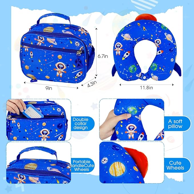 Redbaker Light Blue 6 Pcs Kids Luggage Set 17 Inch Kids Rolling Luggage Double Pattern Suitcase for Boys Girls (17 Inch, Astronauts)