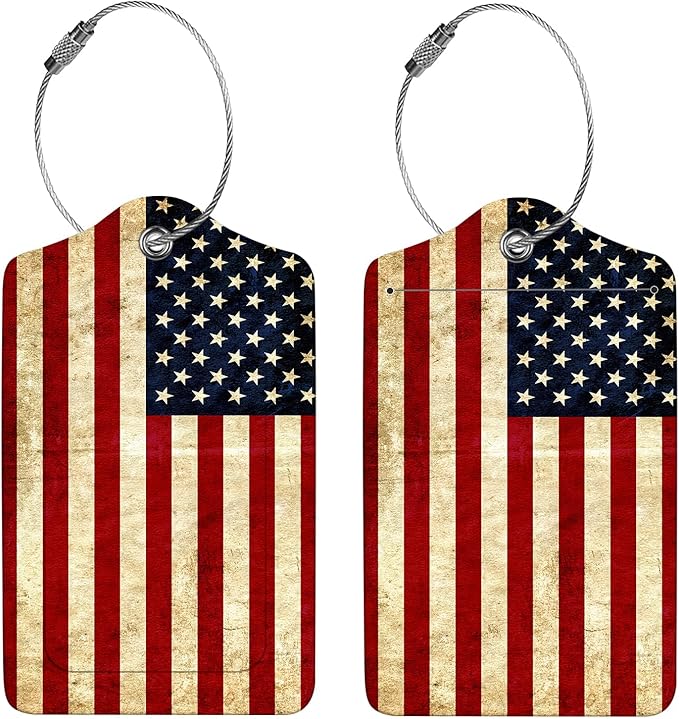 2 Pcs Luggage Tags for Suitcase, Cute Unique PU Leather Travel Bag Tag with Privacy Cover ID Label Address Card and Durable Metal Ring Suitable for Men Women Children Backpack,Flag