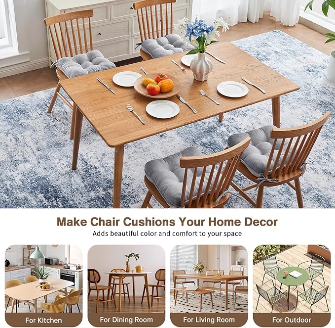 BETU Chair Cushions for Dining Chairs Set of 4,3.5" Thick Kitchen Table Chair Pads with Ties,Non Slip Backing and Covers, Seat Cushion for Dining Room,Bar,Patio Chairs,16"X16"X3.5",Light Grey