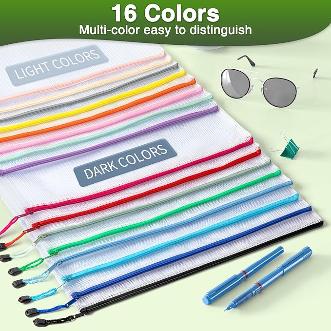 Umriox 16 Pack Large Zipper Bags 16.9x12.4 in, A3 16 Colors Mesh Zipper Document Pouch for Organizing, Storage Bags with Zipper for Board Game, Puzzles, Sewing Project, Travel Supplies