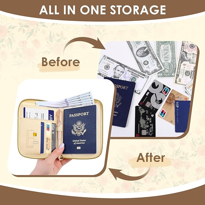 KONVINIT Passport Holder For Travel, RFID Blocking Leather Passport Cover For Travel Accessories, Passport Wallet with Zipper Closure, Cute Passport Book for Women and Men, Pink Flowers