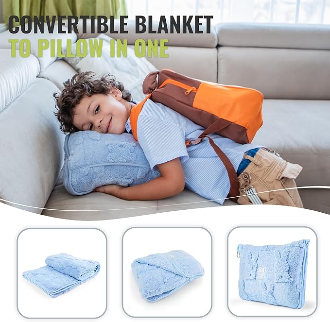 BOACAY Travel Toddler Blanket for Airplane, Car - Soft Kids Throw Blanket for Daycare - Pillow for Girls, Boys with Backpack Clip, Luggage Sleeve