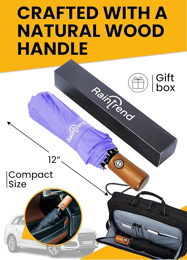 Raintrend Windproof Travel Umbrellas for Rain Automatic +10% Bigger Canopy Strong Frame Compact Folding Portable Umbrella for Women Men Backpack Purse