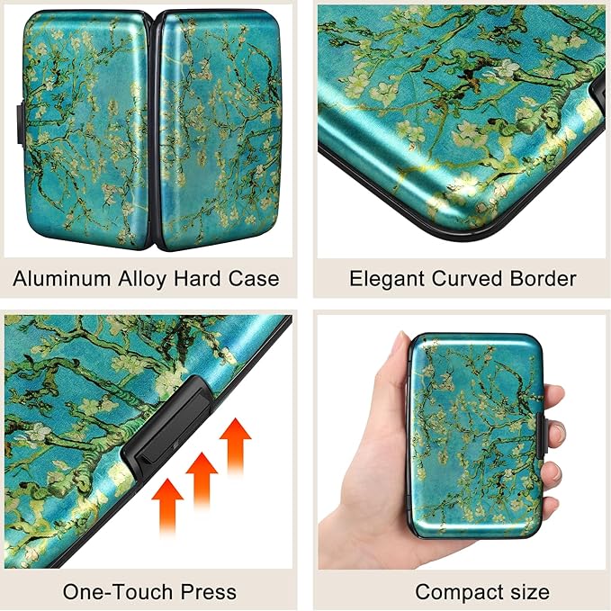 ELFISH Mini RFID Aluminum Wallet Credit Cards Holder Business Card Case Metal ID Case for Men Women（Apricot flower