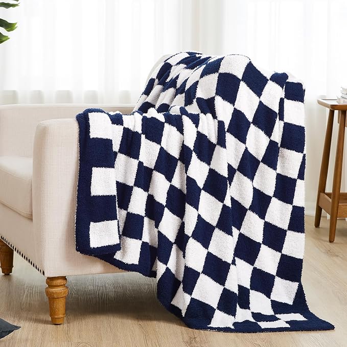 Checkered Throw Blanket, Dark Blue Soft Cozy Fluffy Knitted Throw Blankets for Couch, Sofa, Bed, Chair, Warm Fuzzy Travel Picnic Lightweight Plaid Blanket, 50x70 inches