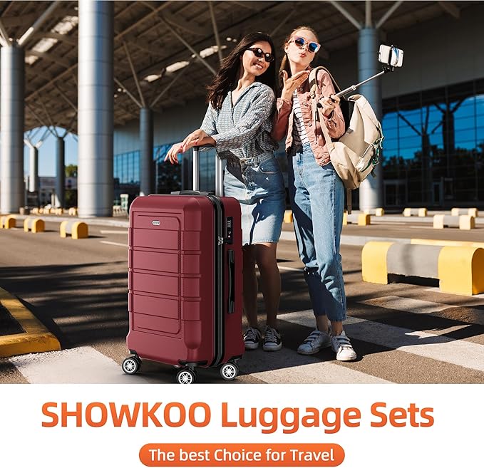 SHOWKOO Luggage Sets 3 Piece Expandable 100% PC Durable Hardshell Suitcase with Wheels TSA Lock Lightweight Wine Red