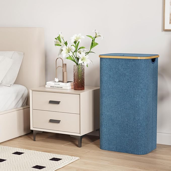 Lifewit 100L Laundry Basket with Lid, Clothes Hampers for Laundry with Bamboo Handles and 1 Removable Bag, Large Foldable Laundry Hamper for Bedroom, Bathroom, Dorm, Laundry Room, Dark Blue