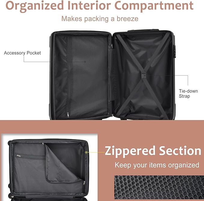 24 Inch Checked-Large Luggage, Lightweight ABS Hard Shell Suitcase with Spinner Wheels, Expandable Travel Luggage with Combination Lock & Side Hooks for Men Women, White Brown