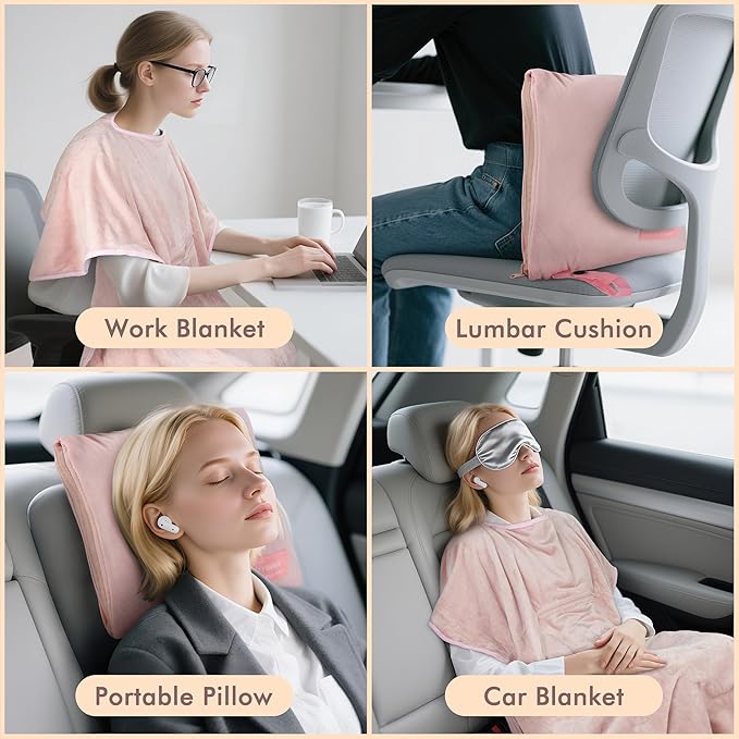 Tirrinia Travel Blanket Airplane Office Poncho 4 in 1 Premium Cozy Fleece Portable Poncho Blankets with Built-in Bag, Pocket