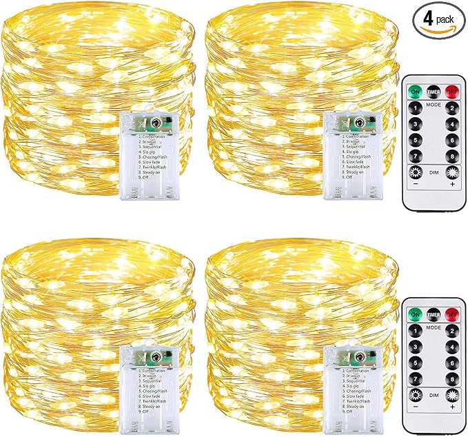 4 Pack 60 LED Fairy Lights Battery Operated with Remote, 20 FT Warm White | Cuttable, 8 Modes, Memory, Dimmable, Waterproof Battery String Lights with Timer for Indoor Outdoor, Christmas Decorations