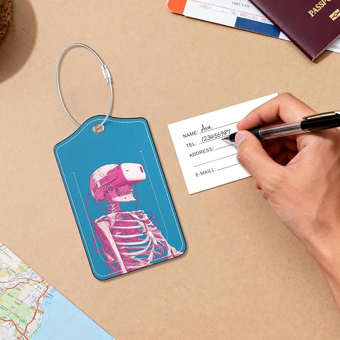 2 Pack PU Leather Luggage Tags for Suitcases, Privacy Protection Cover with Stainless Steel Loop and Address Card, Travel Cruise Essentials (Pink Skull)