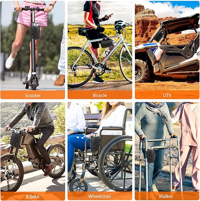 Belinous Scooter Cup Holder for 8-32oz Bottles, Wheelchair Walker Water Bottle Holder for UTV Roll Bar Bike e-Bike Golf Cart and Boat, Drink Holder with Net Pockets and Hook and Loop Straps