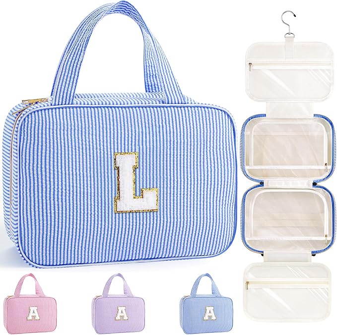 TOPEAST Travel Hanging Toiletry Bag, Personalized Initial Toiletry Pouch, Birthday Gifts for Women Mom Daughter Sister Friends, Cruise Essentials, Blue L