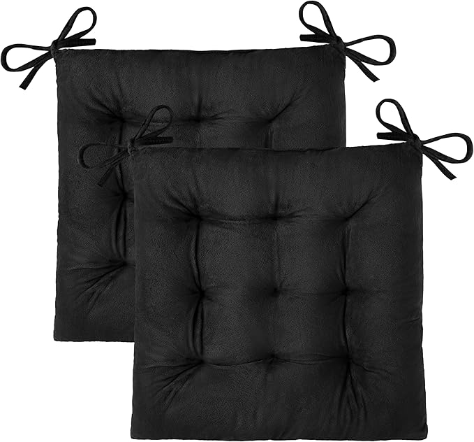 OVOV 2 Pack Chair Cushions for Dining Chairs Soft Seat Cushions for Kitchen Desk Chairs Square Chair Pads with Ties (15.5"x15.5" Black)