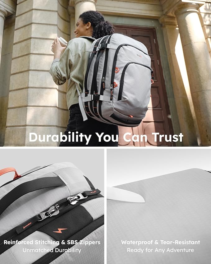 Tolaccea Travel Backpack, TSA Friendly Flight Approved Carry-on Luggage Durable Large Laptop Bag Daypack Fits 15.6 Inch Computer, Water-resistant Business Rucksack, 35-45L Expandable - Grey
