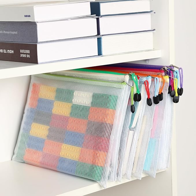 EOOUT 24pcs Mesh Zipper Pouch Bags A4 Document Bag, 13.5x9 Inches, Plastic Zip File Folders, Puzzles, Board Game Storage for Organizing Office Home