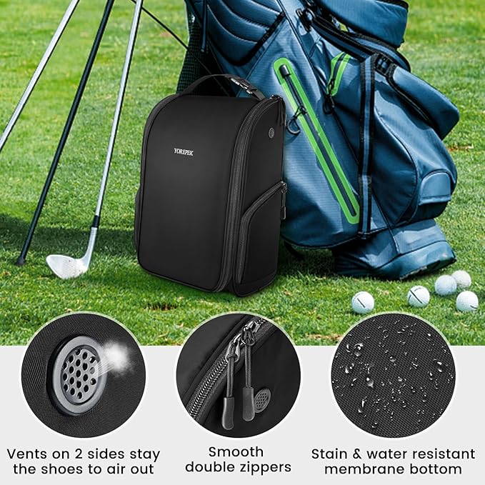YOREPEK Golf Shoe Bag, Golf Accessories Bag with 3 Pockets for Socks, Tees, Balls, Designed with a Buckle Top Carry Handle, Zippered Sport Shoe Carrier Bags with Ventilation, Golf Gifts for Men, Black