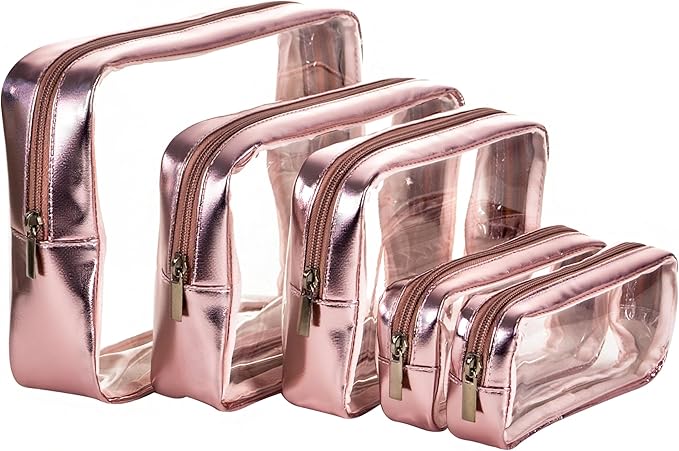 TSA Approved 5-Piece Diaper Bag Organizer Pouch Set Clear Waterproof TPU Kids Toiletry Storage Set Travel Packing Clutch Cube Bags for Baby Nursing(Gose gold leather)