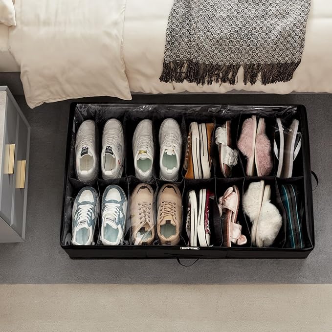 Lifewit Under Bed Shoe Storage Organizer 2 Pack(16 Pairs+4 Pairs), 4.3" Tall Fabric Shoes Container Box, Foldable Closet Shoe Bag with 2 Reinforced Handles and Clear Cover, Black