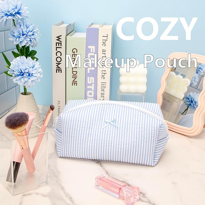 PAZIMIIK 6PCS Cozy Makeup Bag SET Travel Cosmetic Bag for Women Soft Toiletry Bag Aesthetic Makeup Organizer Portable Large Zipper Pouch for Skincare Beauty Accessories Brushes Stripe Blue