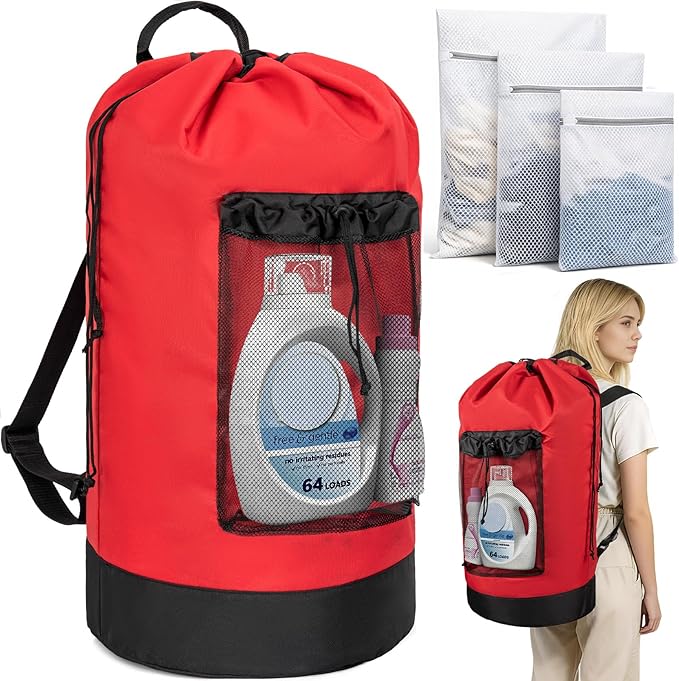 150L Laundry Bag Backpack with 3 Sizes Mesh Wash Bags and Shoulder Straps Foldable Clothes Hamper Bag with Drawstring Closure for College, Apartment, Laundromat (Red)