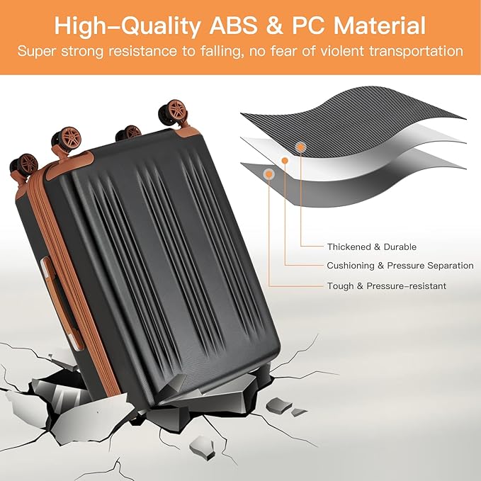Kono Lightweight 28 Inch Expandable Luggage with Quiet Spinner Wheels TSA Lock, Scratch and Drop Resistant PC+ABS Hardside Durable Large Checked Suitcase, Black & Brown