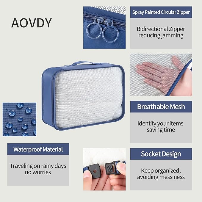 9 Set Packing Cubes for Travel Essentials, Suitcase Organizer Bags for Airplane Road Trip Camp - Navy Blue