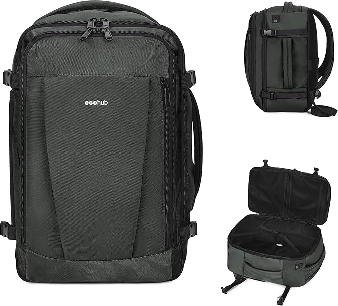 ECOHUB Travel Backpack 18x14x8 Spirit Airlines Personal Item Bag Carry On Backpack 13 Pockets Large Work Casual Daypack for men Airline Approved Waterproof Gym Backpack with Charging Port, Gray