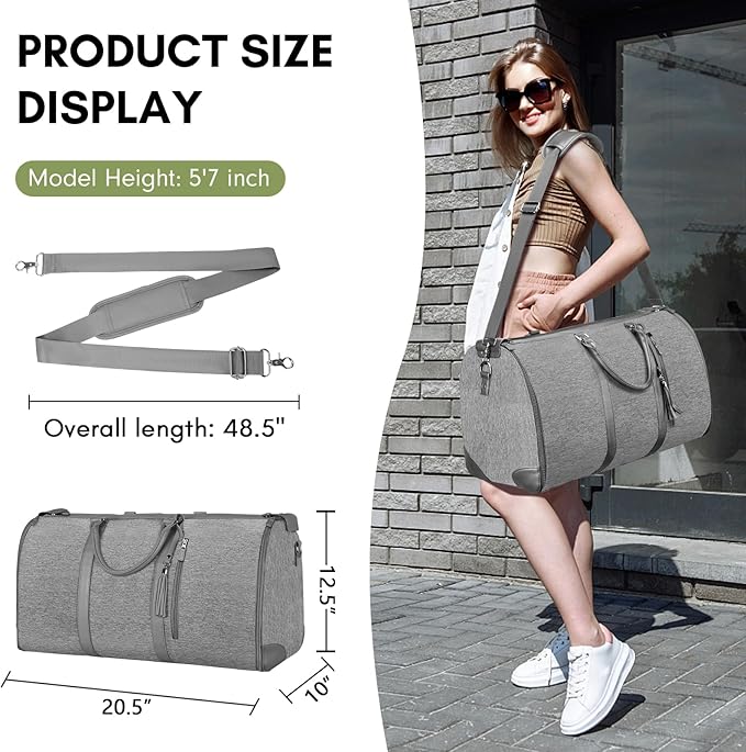 Ytonet Garment Duffle Bags for Travel, Convertible Carry on Garment Bag with Shoe Pouch, Water Resistant Duffle Bag for Women with Shoulder Strap, 2 in 1 Hanging Suitcase Suit Travel Bags, Grey