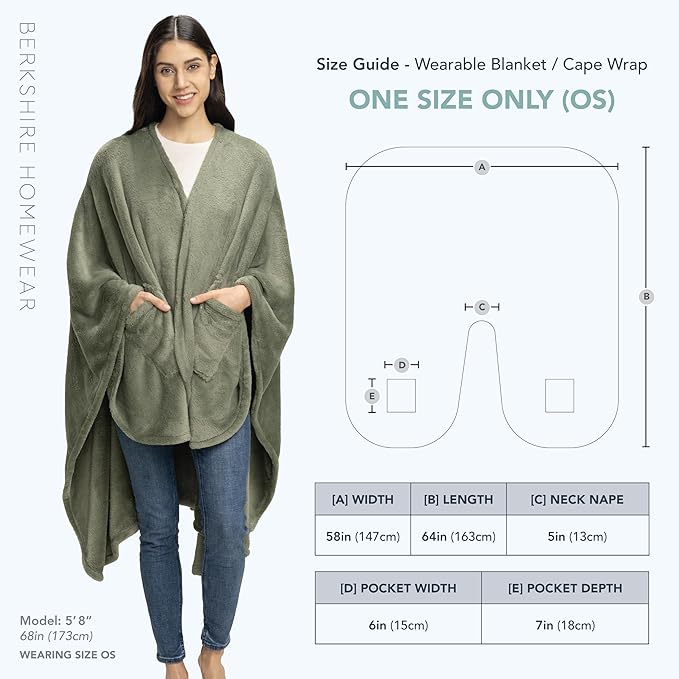 Berkshire Blanket Primalush™ Wearable Blanket, Cozy Loungewear Pocketed Plush Cape Wrap for Adults & Teens(Dark Sage, One Size 58"X64")