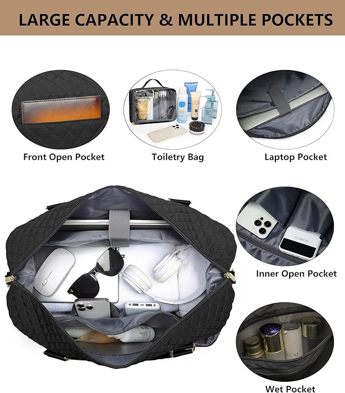 Women Overnight Weekender Bag - 40L Carry On Duffle for Airplanes with Shoe Compartment & Wet Pocket for Yoga Gym Waterproof Travel Tote with Toiletry Bag for Hospital Labor Delivery Black