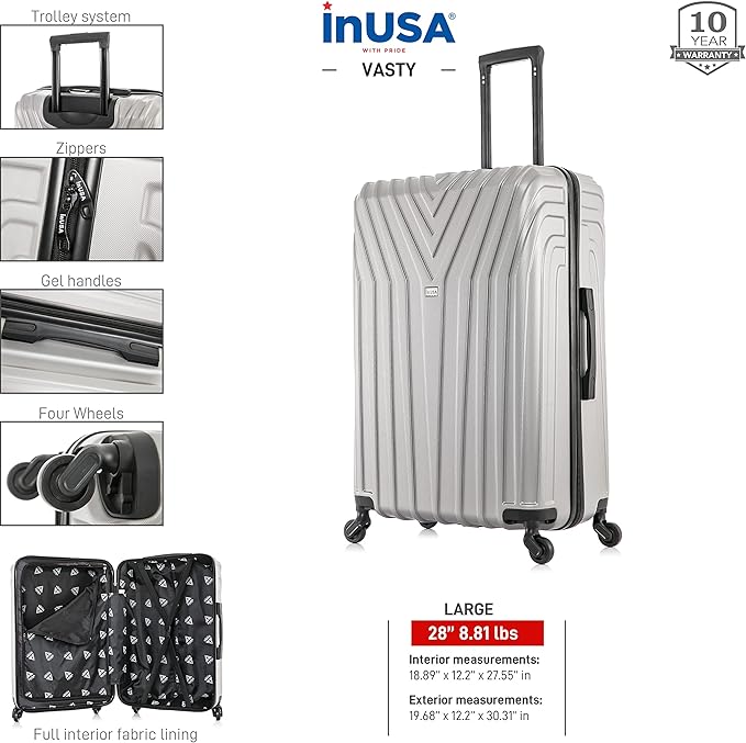 InUSA VASTY Luggage with Spinner Wheels | Durable Lightweight Hardside Suitcase, Travel Bag with Handle and Trolley, 28-Inch Large Checked Luggage | Grey