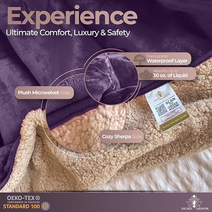 Sacred Weapon Waterproof Blanket for Bed – Waterproof Mattress Protector - Jet Splash Water Proof Towel, Throw, Pad, Mat, Cover - Period Blanket | Washable | Queen & King Size Beds | Purple 80x80