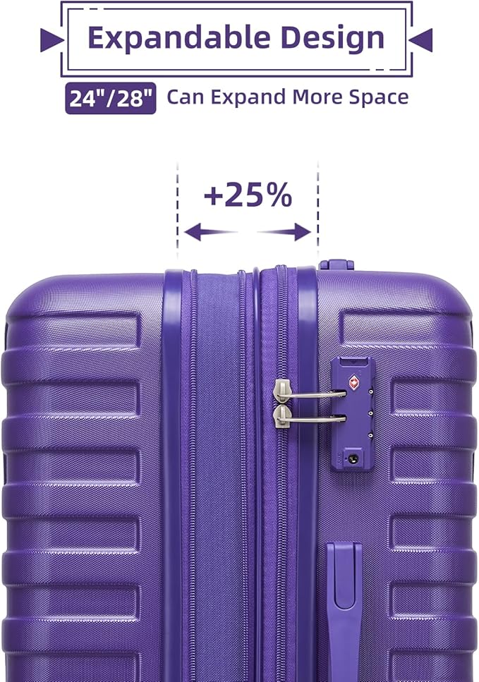 Purple 6 Piece Luggage Set Hard Shell - Expandable Suitcases with Spinner Wheels and Duffel Bags for Family Travel, Durable Carry On Luggage Sets with Lock for Women and Men