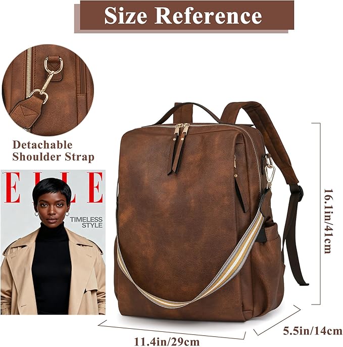 myfriday PU Leather Large Backpack Purse for Women Casual Travel Backpack Convertible Satchel Handbags With Luggage Strap (Dark brown)