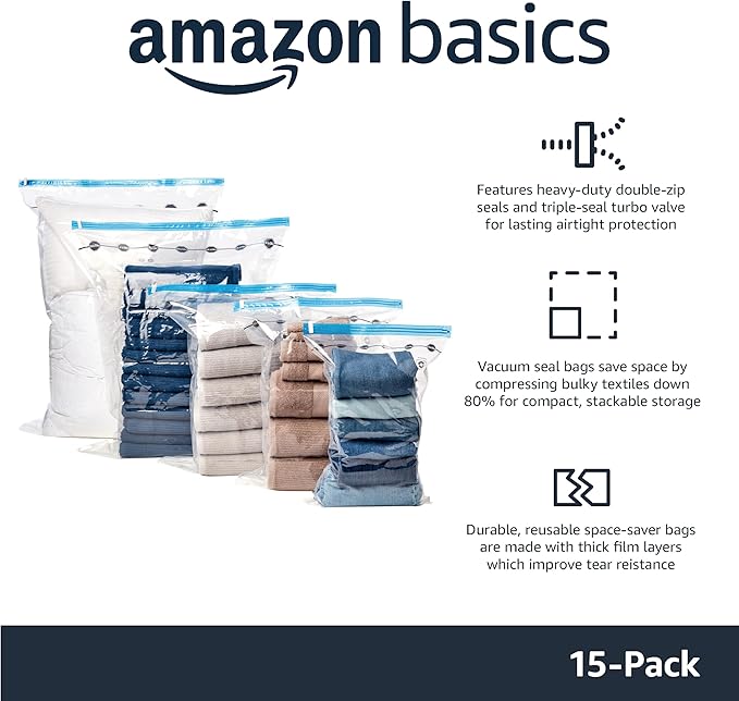 Amazon Basics Vacuum Storage Bags for Clothes, Compression Space Saving Storage Bags with Hand Pump, Reusable, Heavy-Duty Seal Protection, Multiple Sizes, White, 15-Pack