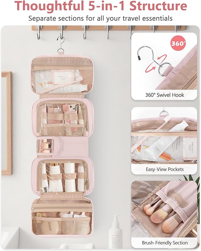 Travel Toiletry Bag for Women with Hanging Hook, Puffy Makeup Organizer with Brushes Slots for Bathroom, Shower and Beauty Essentials, Pink